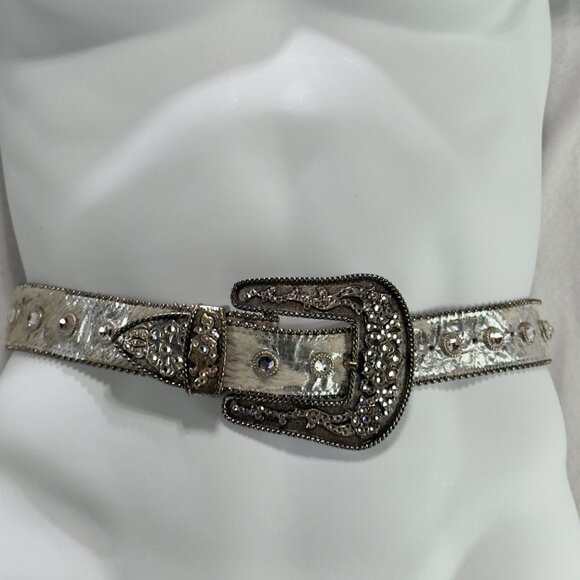 LEATHEROCK Womens Silver Metallic Belt Crystal Embellished Buckle & Studs 34M - Picture 13 of 13